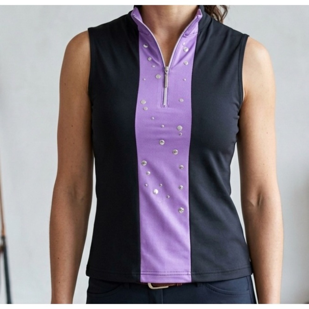 Jamie Sadock Womens Lugger Golf Top L Black Purple Studded Sleeveless 1/4 Zip